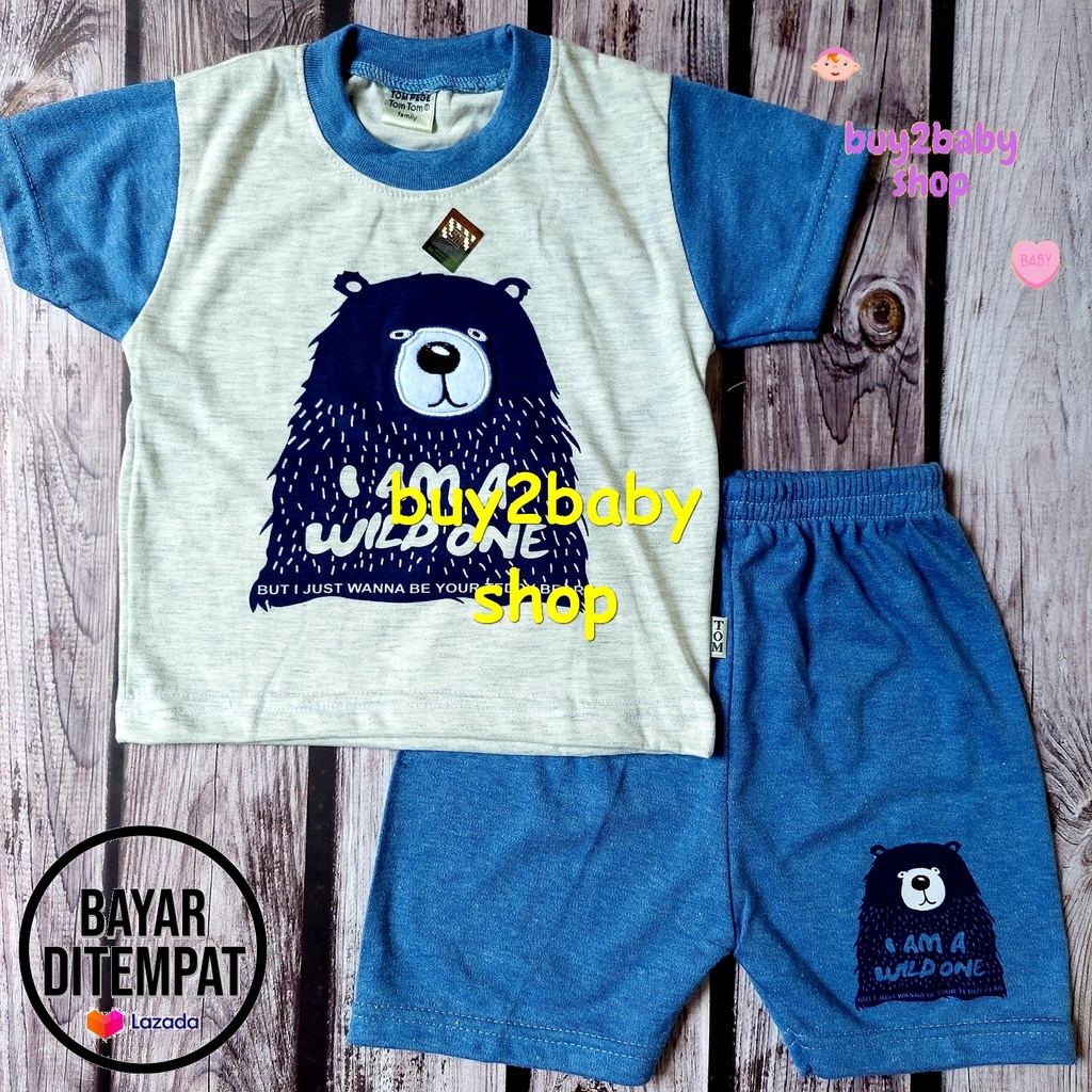 Baju bayi Tom Pege setelan kaos celana pendek bahan katun premium Bear series usia 1-2 Tahun 1 setelan