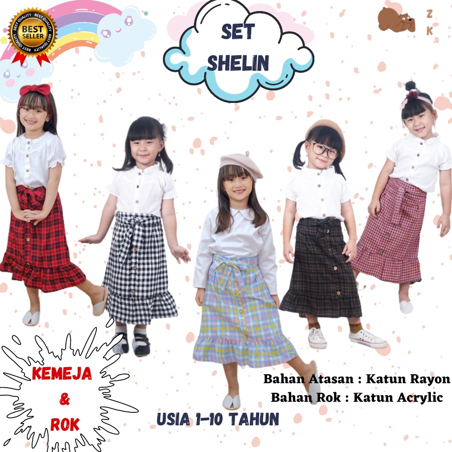SET SHELIN Baju Setelan Kemeja Blouse Putih Polos Rok Motif Flanel Pendek Anak Perempuan Cewe Cewek 