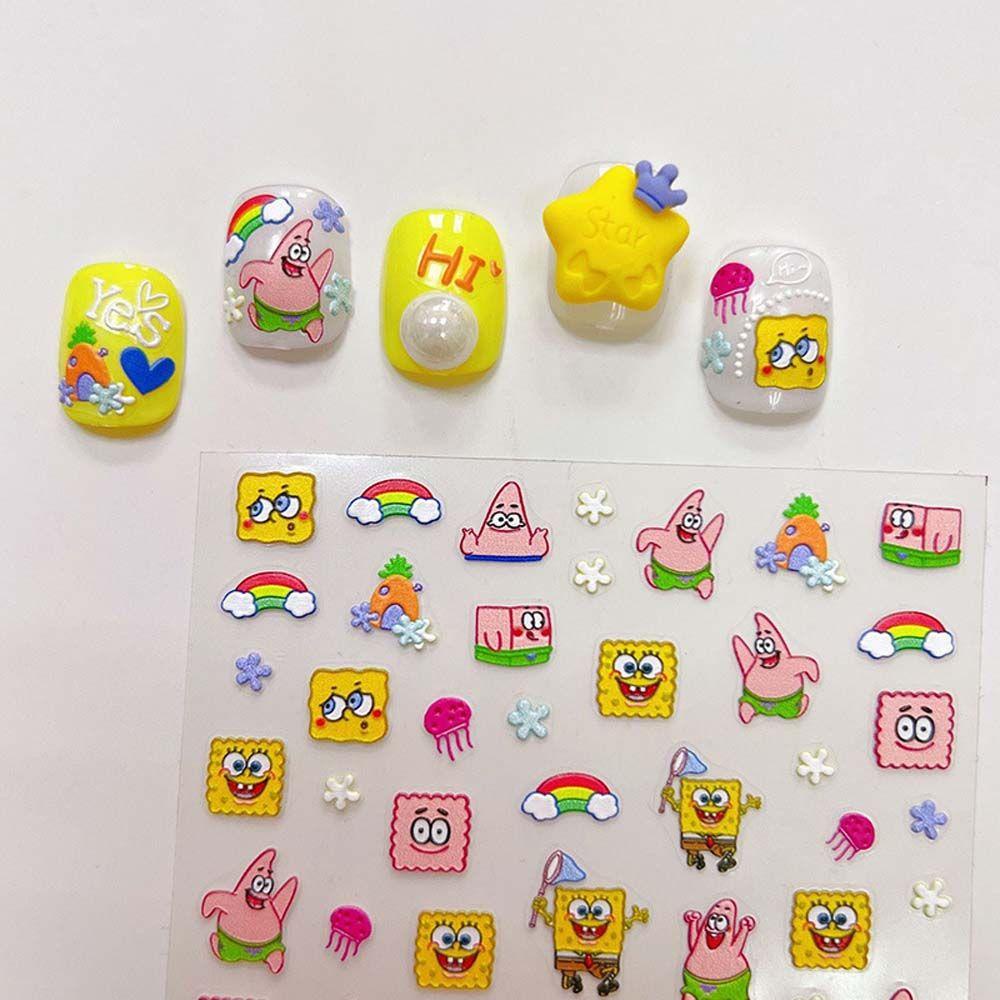 AUGUSTINA Agustinina Kartun Stiker Kuku Fashion Relief Kelinci SpongeBob Perekat Diri Nail Art Dekorasi