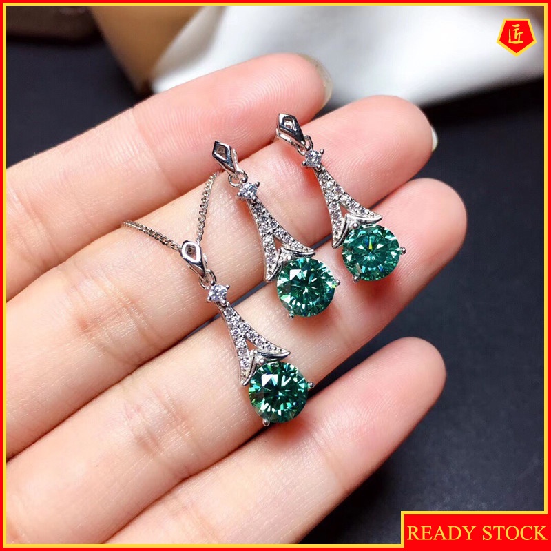 [Ready Stock]Full Diamond Green Moissanite Necklace Set Ear Studs