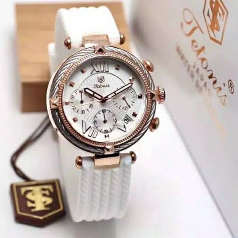 Jam Tangan Wanita Tetonis Original Crono Aktif Tali Rubber - Tetonis Tali Putih Original