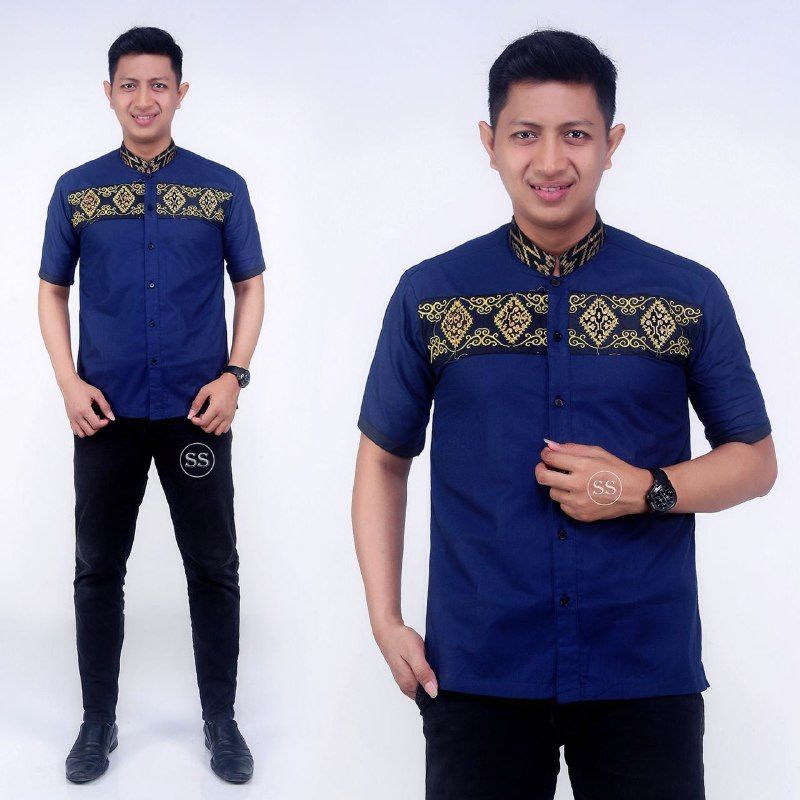 Baju koko Pria Bordir lengan pendek Baju koko Dewasa Matt Katun M L XL XXL Spesial navy/biru dongker