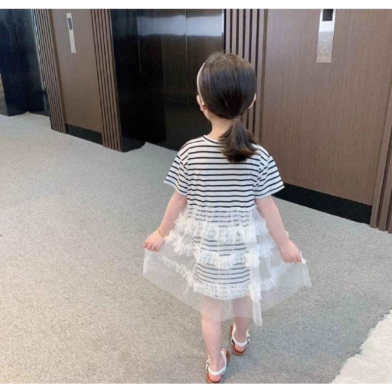 Promo !! Dress anak perempuan - dress pile of lace striped import uk6bln-2thn (putih,kuning) (DOMINAN PUTIH)