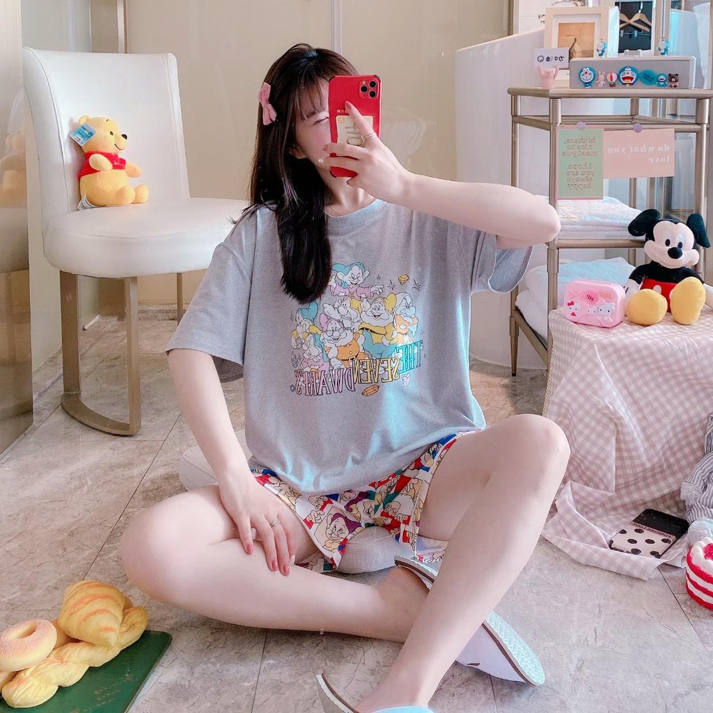 Baju Tidur Piyama Set/Piyama Wanita Import/Baju Piyama Pendek/Short Sleep Wear-J9-Abu Kurcaci