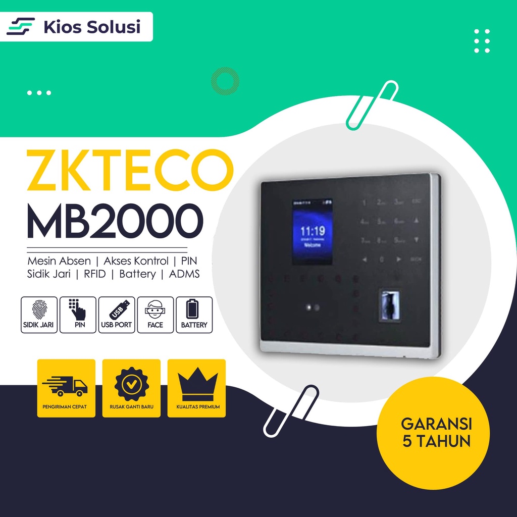 Mesin Absen Wajah | Mesin Absensi | Akses Kontrol ZKTECO MB2000 | Sidik Jari | PIN | ADMS | Battery