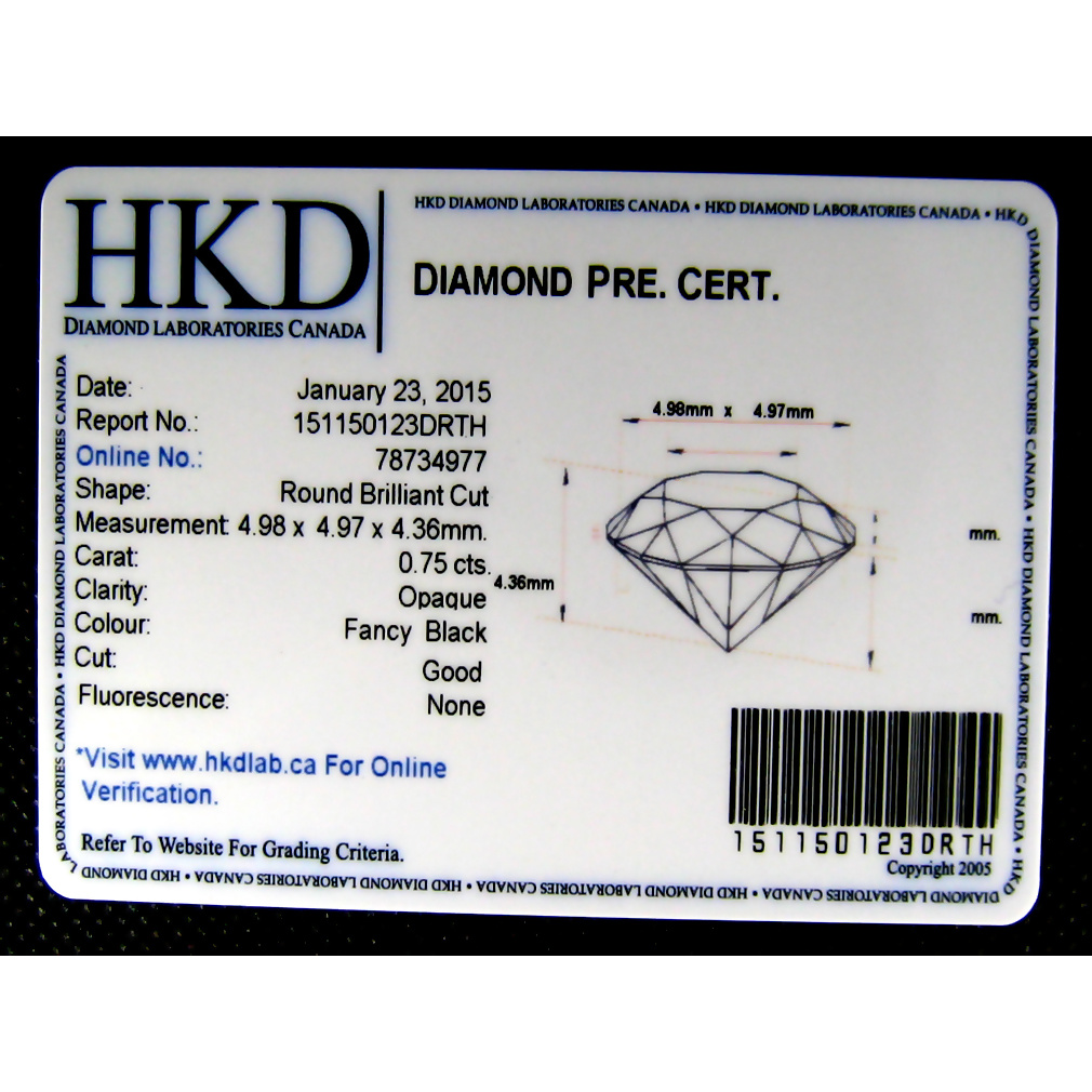 Certified Round Brilliant Cut 4.9mm 0.75ct Natural Fancy Black Diamond DD110