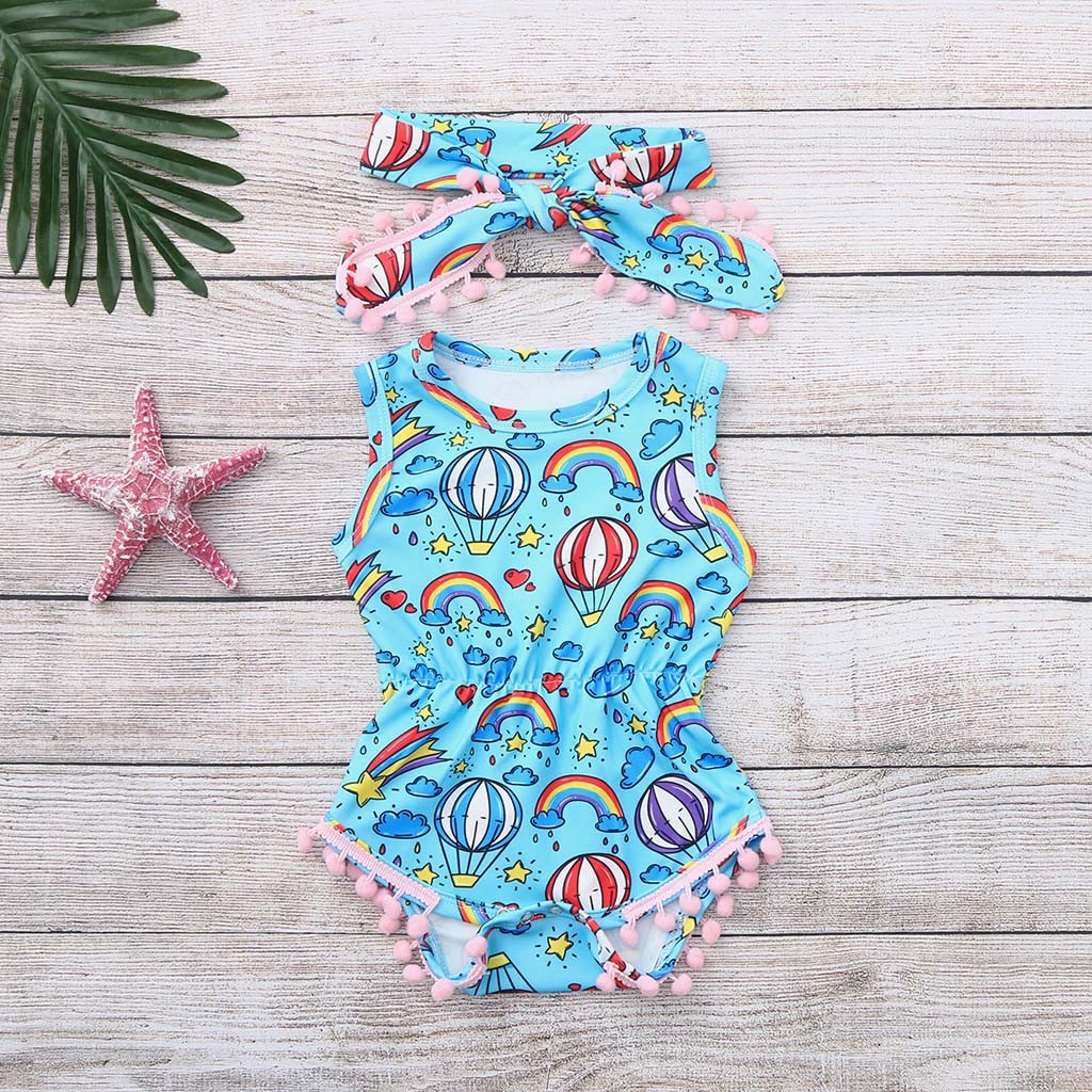 Set 2Pcs Setelan Bodysuit Tanpa Lengan Gambar Kartun Warna Pelangi Dan Bandana Untuk Perempuan