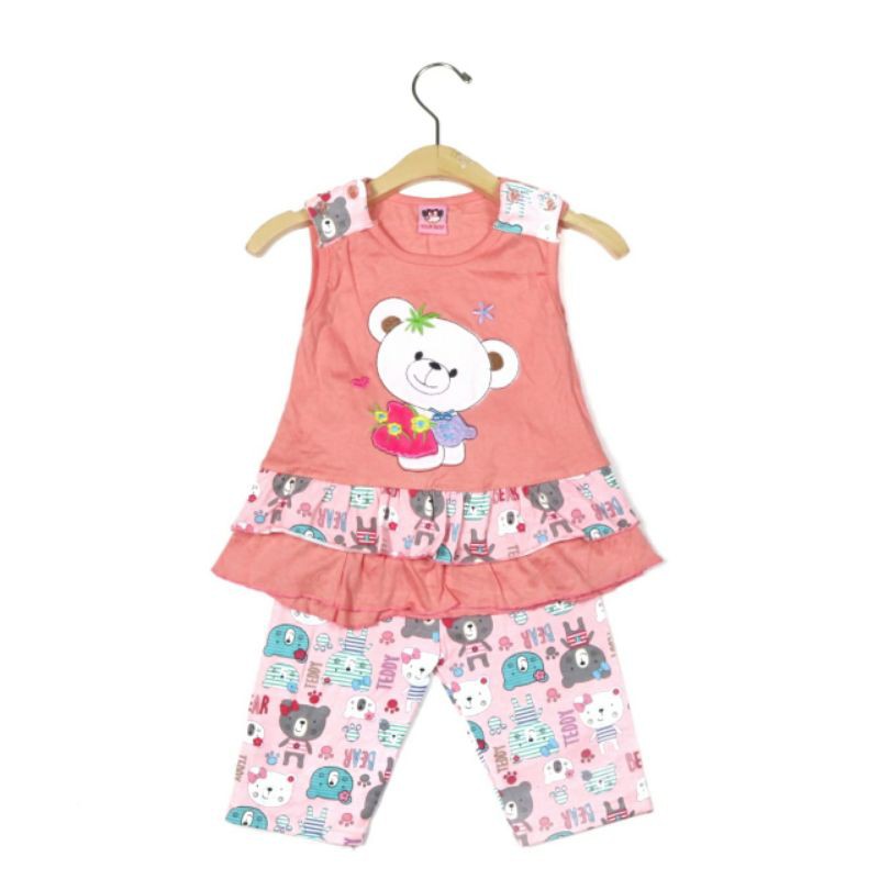 SETELAN FASHION PAKAIAN BAJU ANAK PEREMPUAN 1 TAHUN MOTIF BEAR CUTE WARNA PINK FANTA PEACH RENDA