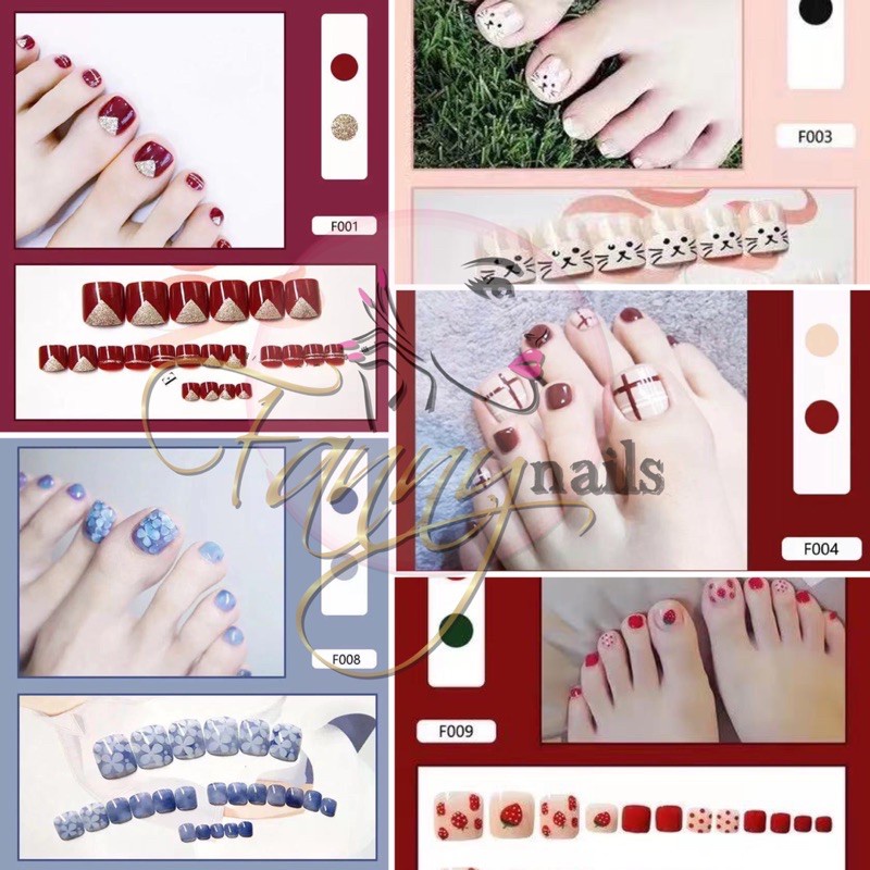 24pcs KUKU PALSU KAKI MOTIF TOE FAKE NAILS / kupal kuku palsu kelinci red nails fake nail