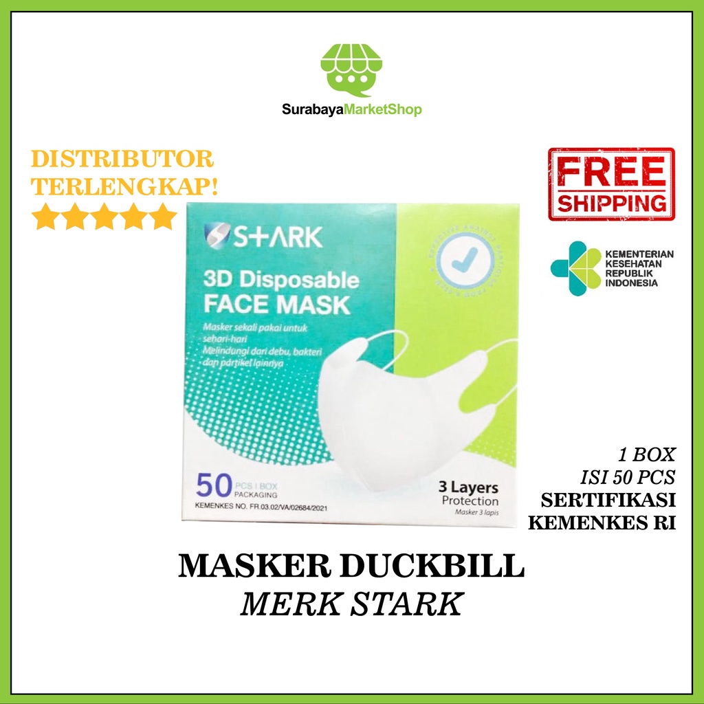 Masker Duckbill STARK (isi 50) - Masker Duckbill Sensi Isi 50 Pcs 50pcs Hitam Putih Sensi Alkindo Ma