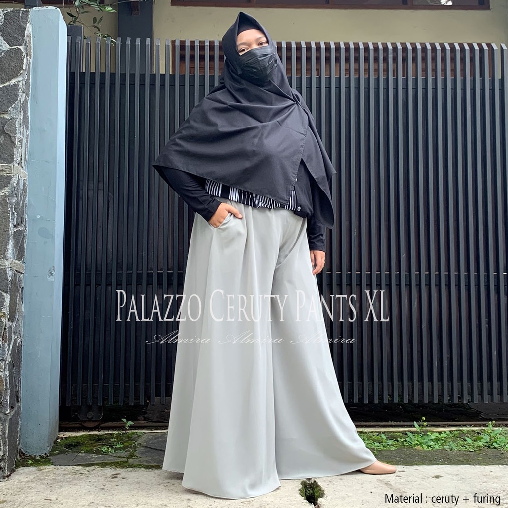 Celana Kulot Jumbo Wanita Kulot Sifon Ceruty Palazzo Pants Almira Ukuran XL Pinggang 90cm BB 80 Big Size