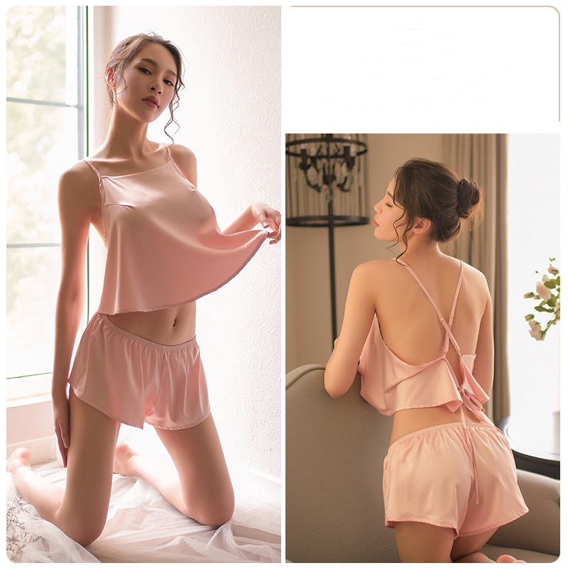 Wanita Baju Tidur Sexy Ringan Sheer Satin Mini Dasi Backless Low Neck Suit Lingerie 3A131