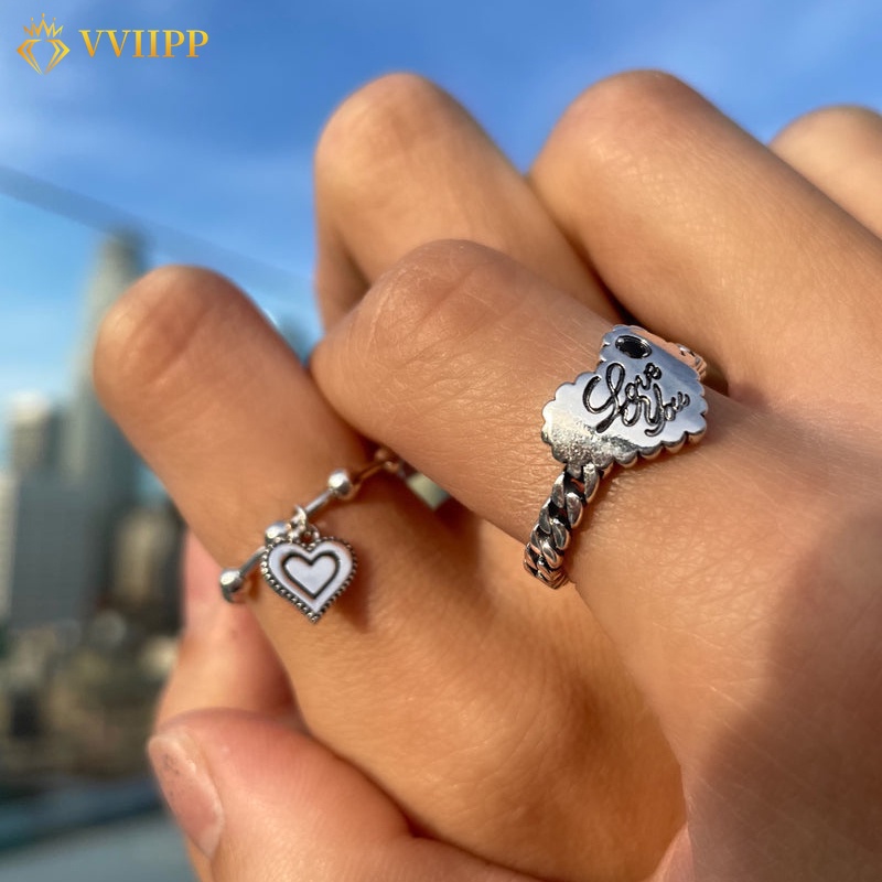 2pcs / Set Cincin Jari Desain Hati LOVE YOU Warna Silver Gaya Retro Untuk Aksesoris Wanita