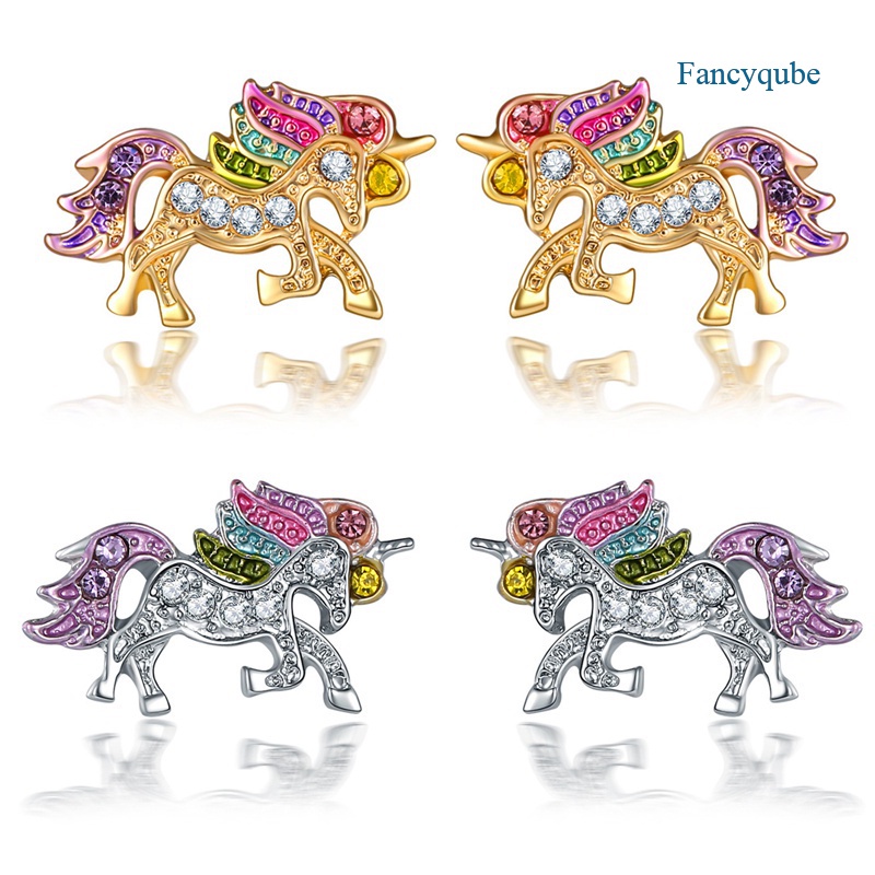 Fancyqube Anting Stud Desain Hewan Unicorn Aksen Kristal Warna-Warni Untuk Wanita