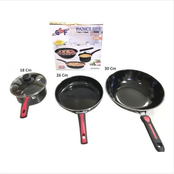 Panci Set Enamel GSF G-2630 Frypan Tutup kaca Wajan Wok Dan Saucepan