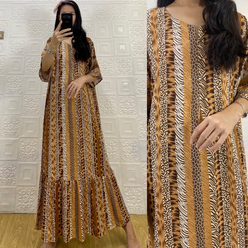 daster MONA tangan 3/4 PB 130cm /daster panjang rempel tangan 3/4  JUMBO premium sleting /busui/rempel tangan 3/4/ tangan pendek/ tali grosir ecer SEMATA KAKI RAYON-Mona leo slur kombi