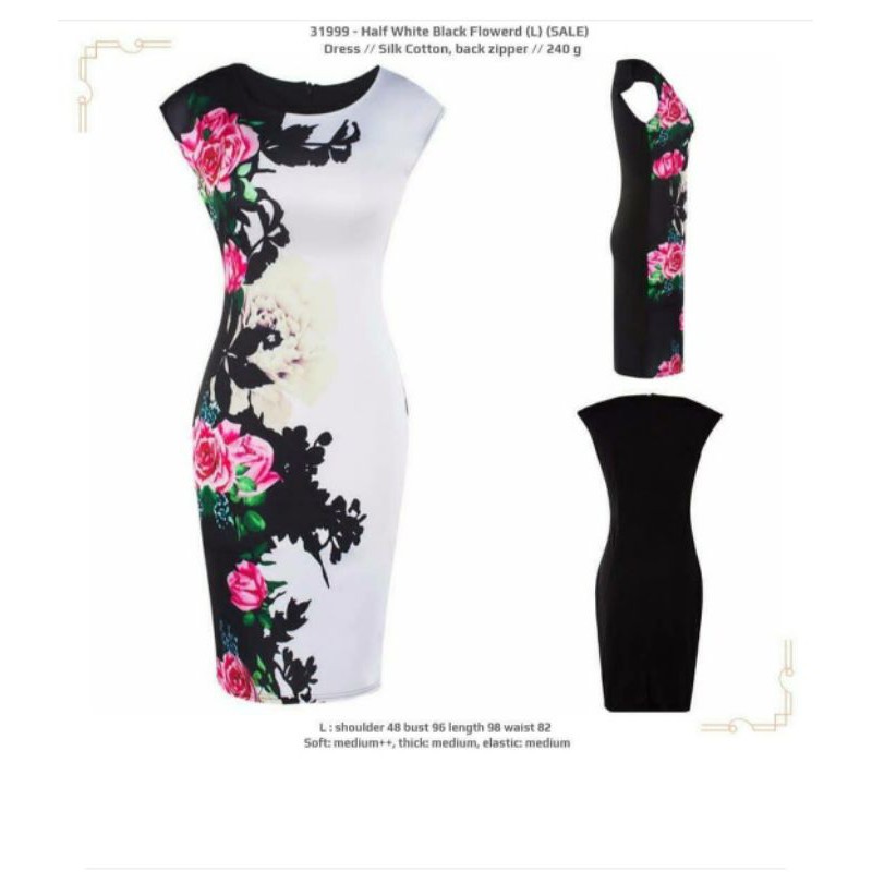Dress midi hitam putih motif bunga flower murmer cantik