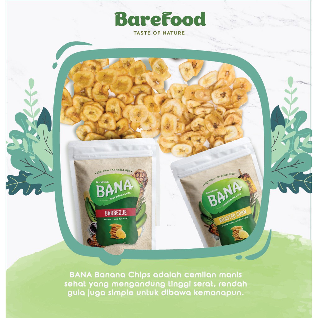 BANA Healthy Banana Chips 50g - Keripik Pisang - Roasted Corn/Barbeque BBQ - Cemilan Sehat Barefood