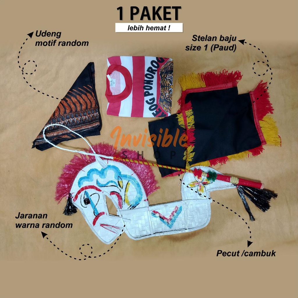 Paket mainan anak jaranan + pecut + stelan baju + udeng tinggal pakai siap pentas