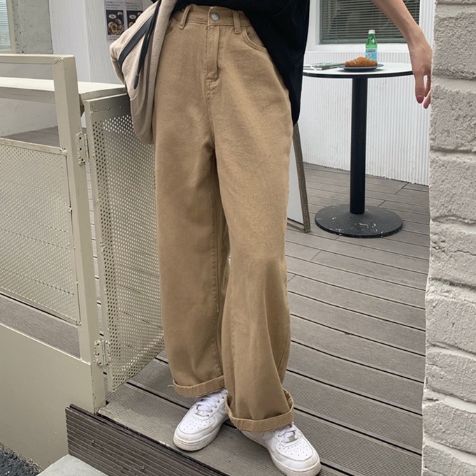 Celana Jeans Khaki Wanita Loose High Waist Korean Style Celana Panjang Jeans Boyfriend