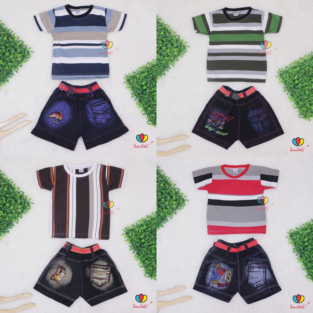 Setelan Salur Jeans uk 1-2 Tahun / Kaos Anak Murah Celana Jeans Anak Murah Setelan Anak Murah