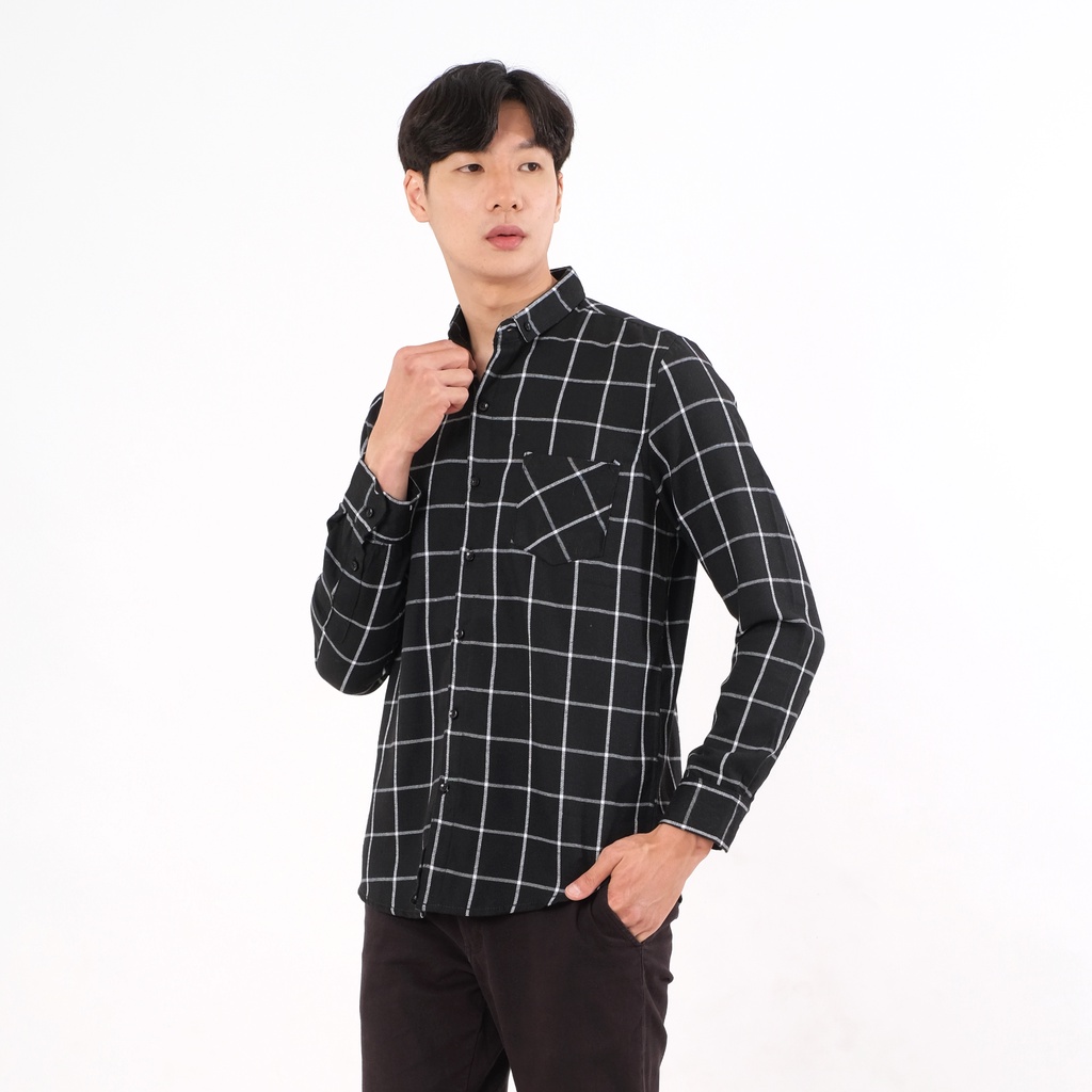 SANVANINA Kemeja Flannel Lengan Panjang Kotak Black White | Kemeja Flanel Pria Slim Fit E-8004