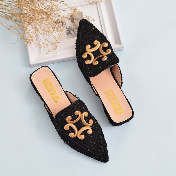 Sepatu heels mules wanita bahan suede warna hitam beige hijau import