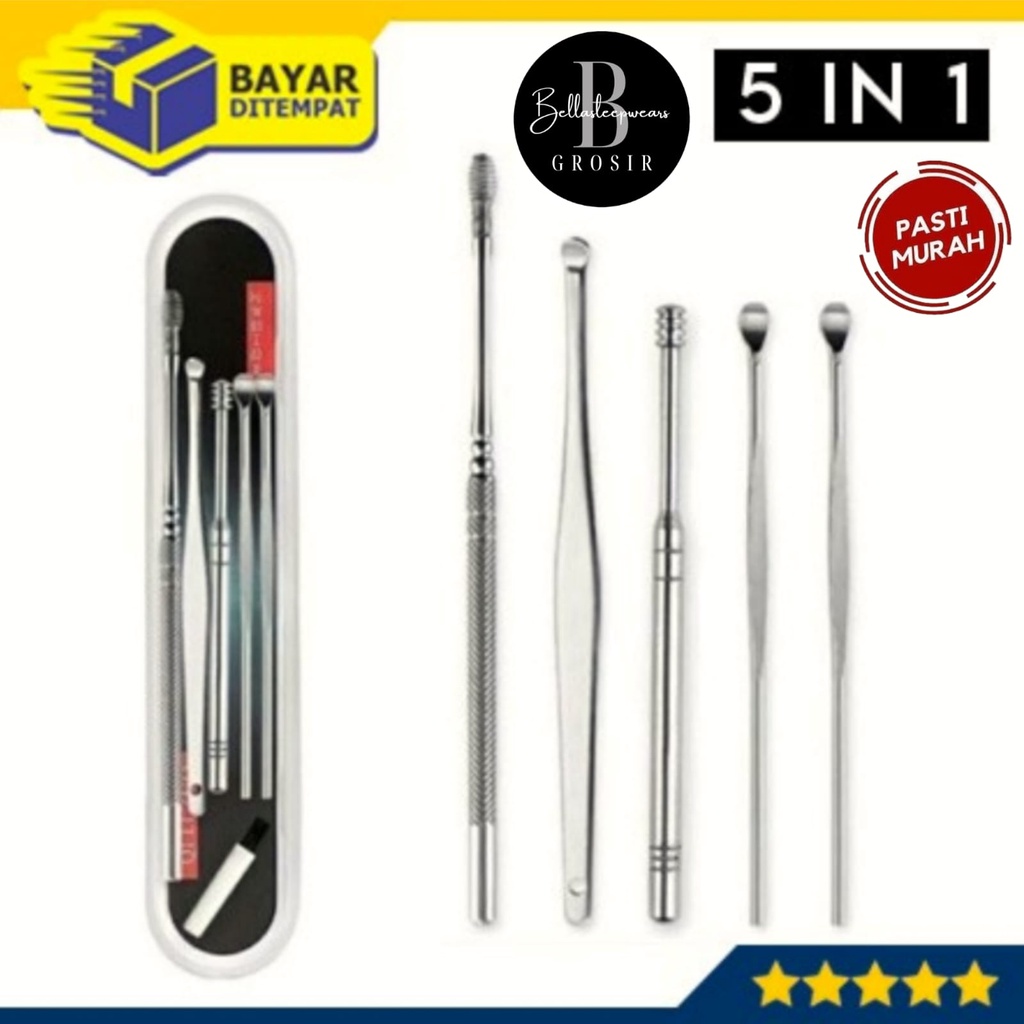 BELLA - 5IN1 - KOREK KUPING PEMBERSIH TELINGA STAINLESS METAL SET BOX