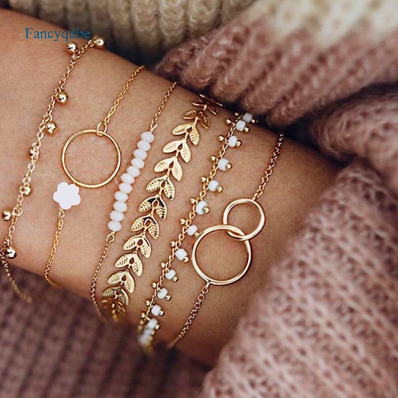 Fancyqube 6 Pcs / Set Gelang Rantai Manik-Manik Daun Geometris Rumbai Emas Gaya Bohemian Untuk Wanita