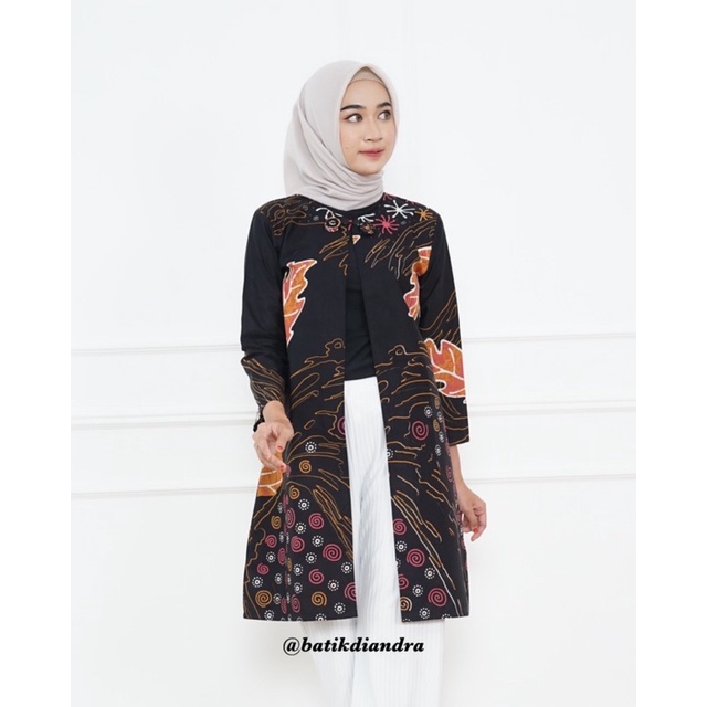 Batik Gamis Atasan Wanita Kekinian Hijab Panjang Modern Couple by Naura Outer Hitam