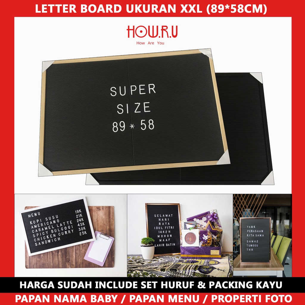 HOW.R.U | XXL - Letter Board Sudah Include Huruf / Papan Meeting Kantor / Papan Menu / Properti Foto / Konten Medsos / Dekorasi Rumah Viral 89x58 cm