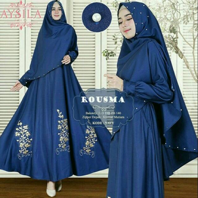 Busana Gamis Rousma Baju Lebaran Wanita Motif Bunga Warna Biru