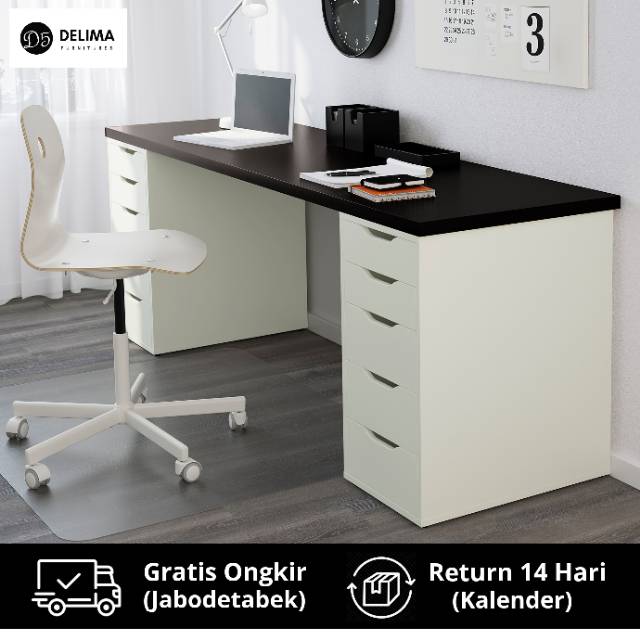 ALEX LINNMON Desk, Meja Belajar Sudut / Meja Kerja Rumah berlaci / Meja kerja kantor - White Brown
