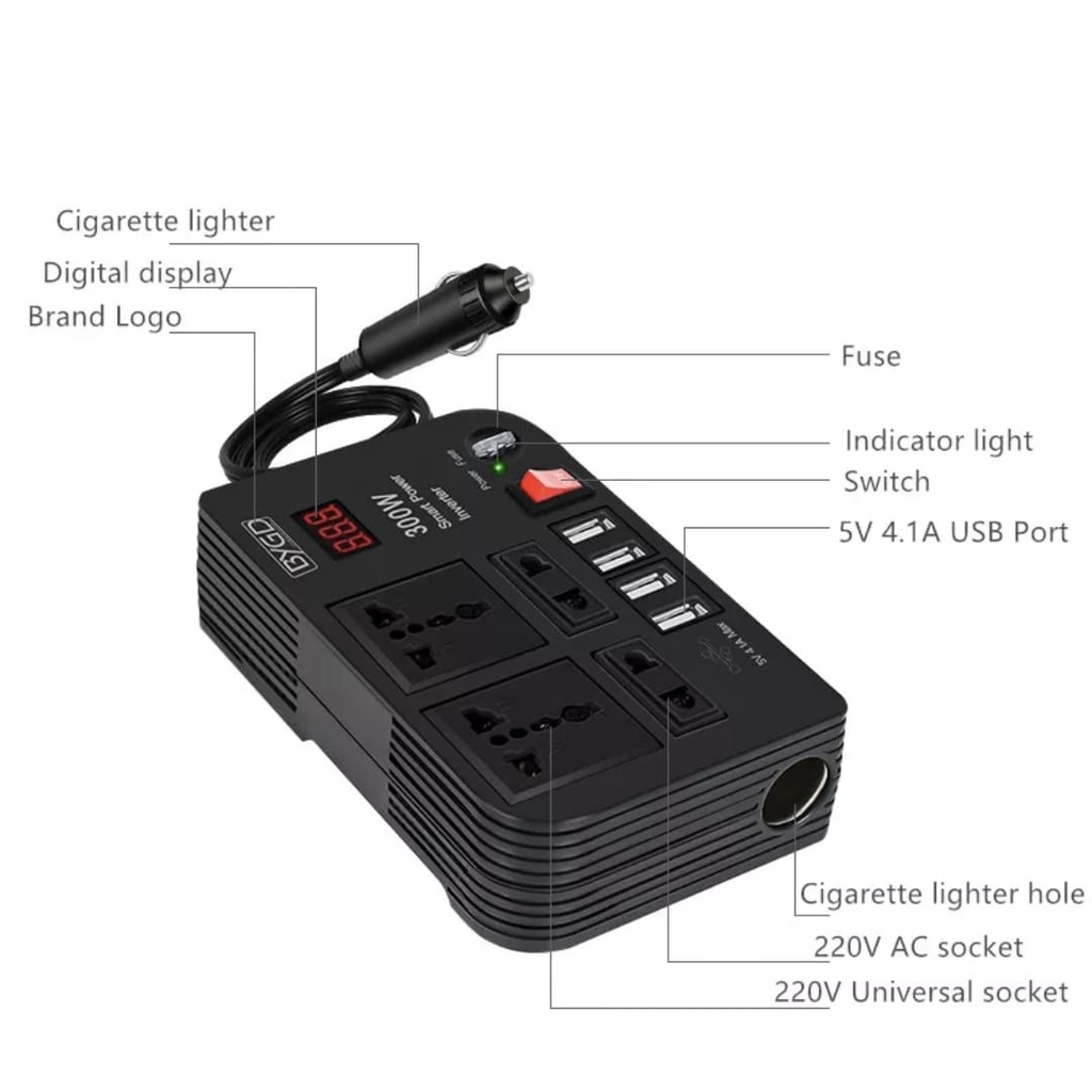 Inverter Mobil 300watt Car Power Lighter 4 soket power &amp; 4 usb 4.1A