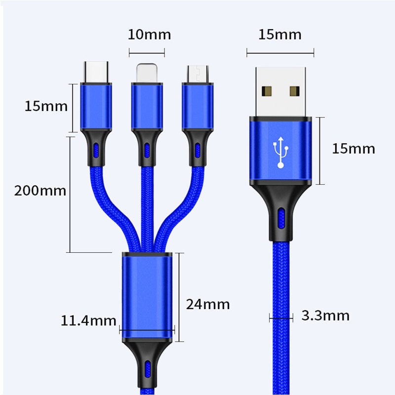 Kabel Charger 3 in 1  Kabel Data USB Charger iOS + Micro USB + Type C Charger