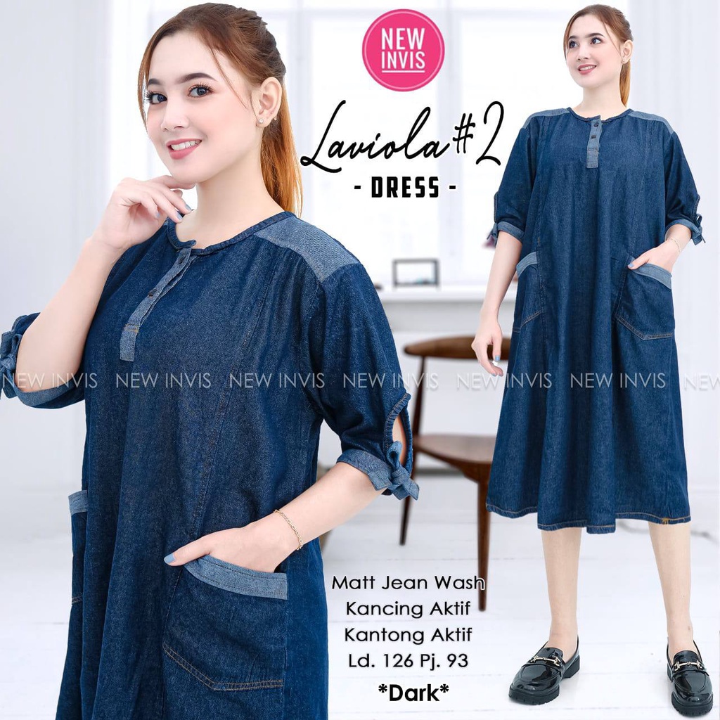 Laviola Dress Jeans Denim Jumbo XXL LD 120 Mini Dress Lepis Wanita Polos Busui Daster Lengan Pendek