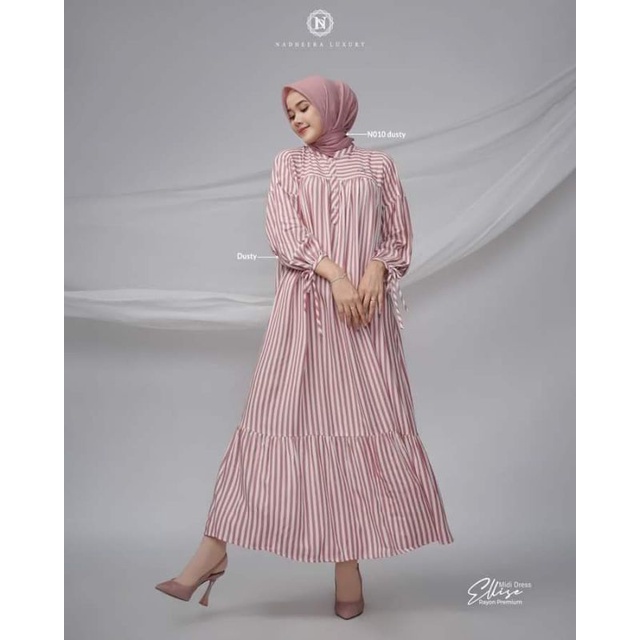 (Terbaru✅) Cod Ellise Midi Dress Nadheera Luxury || Midi Dress || Gamis Midi Motif Garis Bahan Rayon