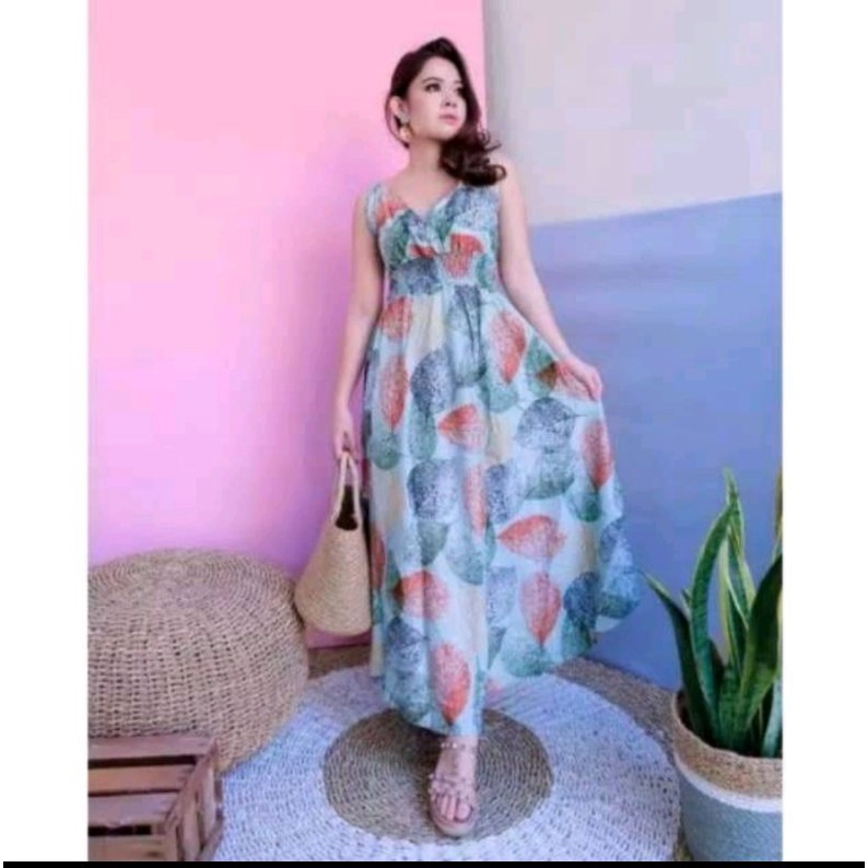 LONG DRESS V NECK FLORAL PRINT /DRESS BUMIL BUSUI BALI