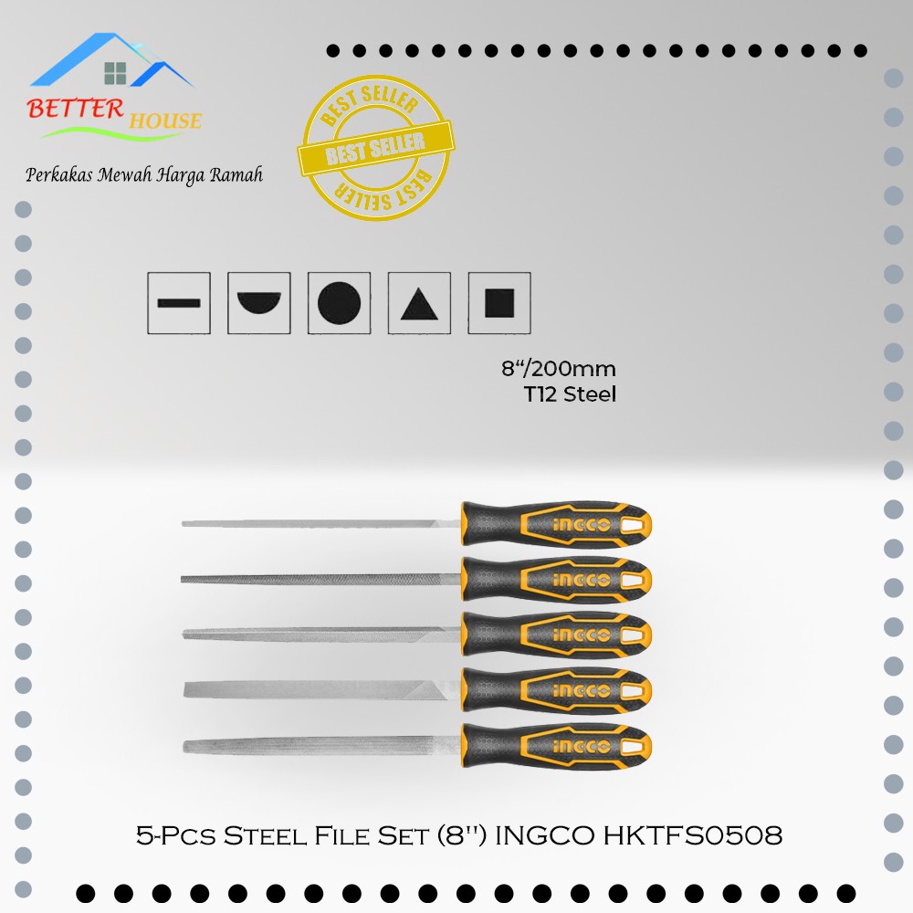 Kikir Besi Kotak Segitiga 5-Pcs Steel File Set (8") INGCO HKTFS0508