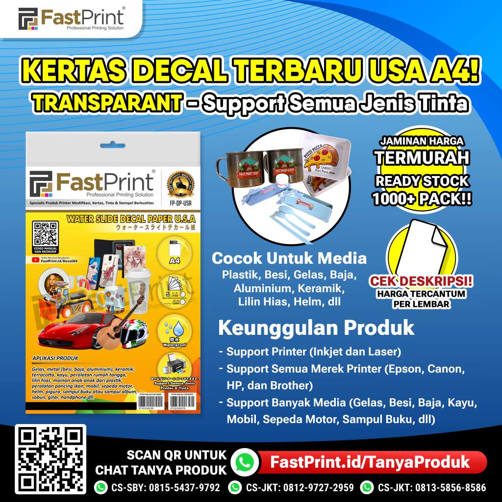 Kertas Water Slide Decal paper Transparan USA A4 150 Gram Fast Print