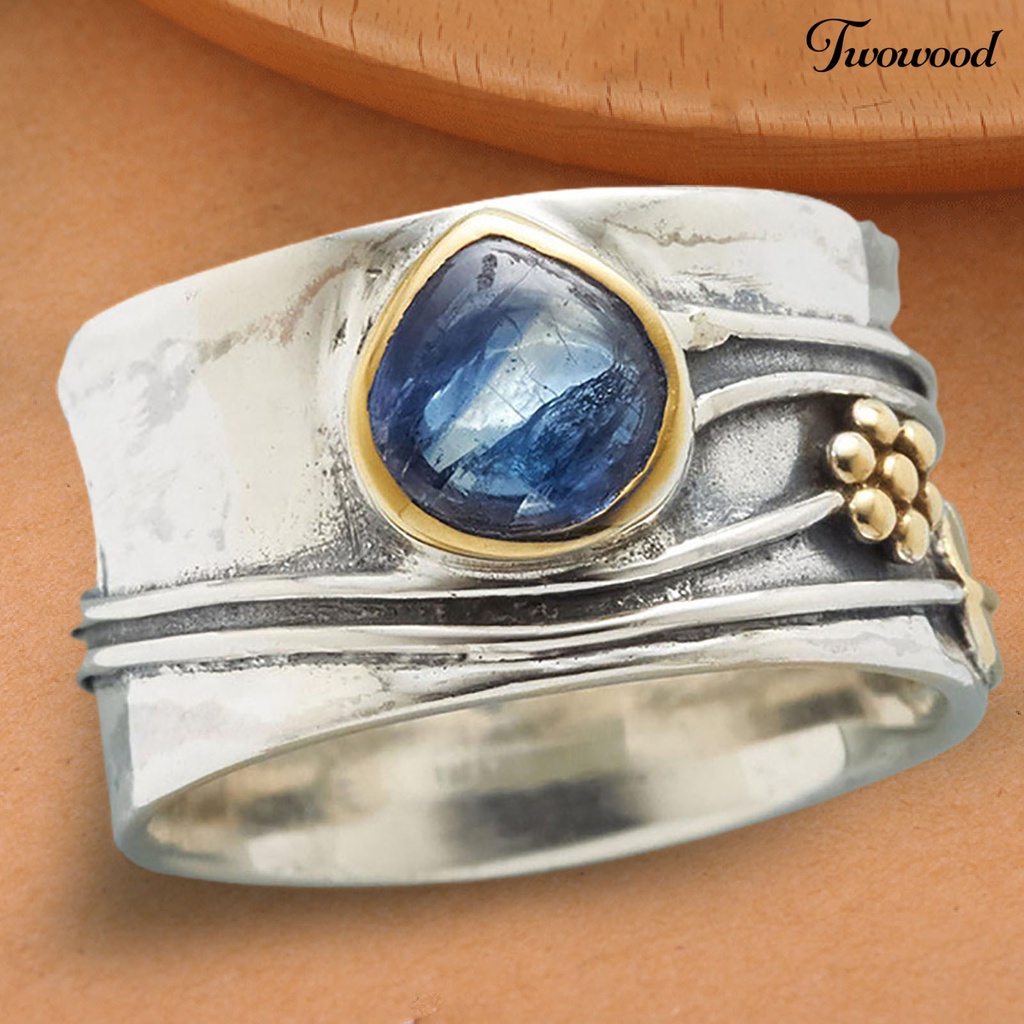 Twowood Two-tone Simple Statement Vintage Ring Blue Faux Gem Leaves Flower Finger Ring Jewelry Accessaries