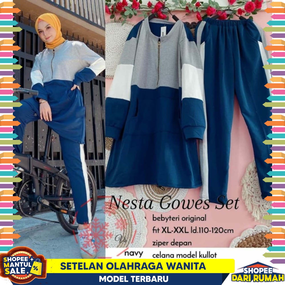 Setelan senam slim baby pink navy baju senam olahraga aerobik fitness gym set senam panjang Baju O