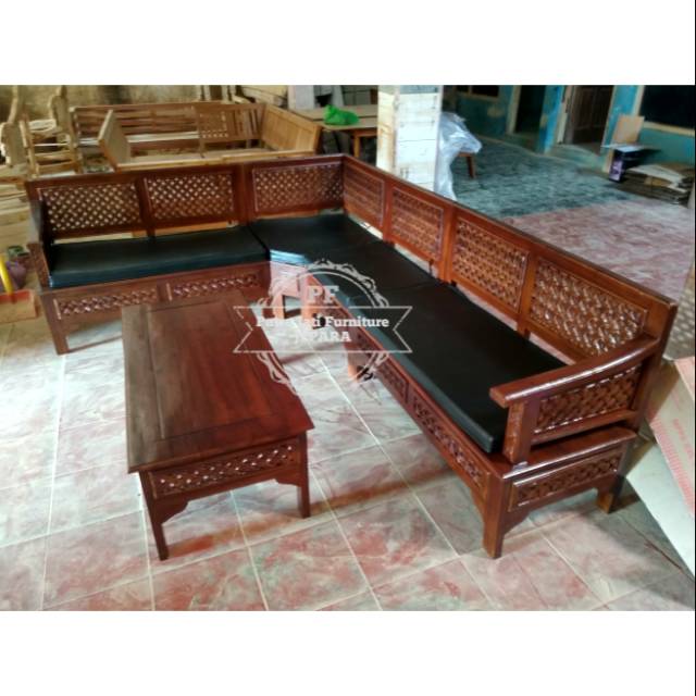 Paket Hemat Meja Kursi Tamu Sudut Kayu Jati + Matras