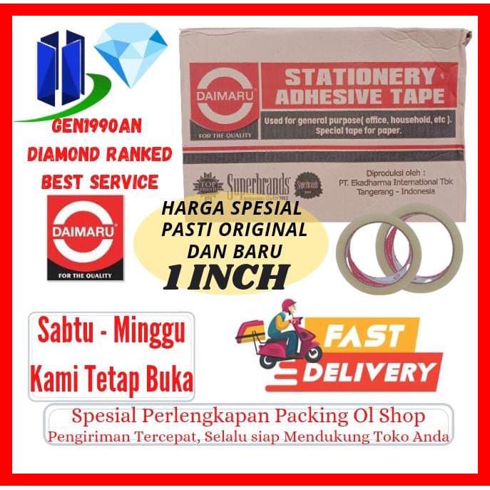 

Lakban Selotip 1 inch Daimaru 24 x 72 yard - 144 pcs (Gojek only)