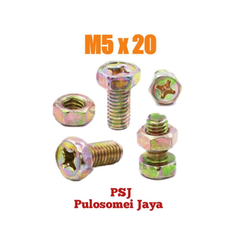 Baut Mur Aki M5 x 20 / Baut Mur Dwi Fungsi Kuning / Baut Mur Obeng +