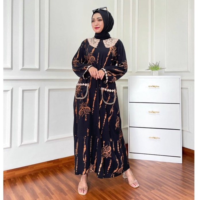 Daster Arab Kupu Rintik Longdress Wanita Dewasa Kekinian Terbaru 2021 2022 Bahan Rayon Lengan Panjang Ld 100 110 Model Arabian Renda Busui Resleting Motif Kupu Rintik Size L XL Murah Harga Grosir-3