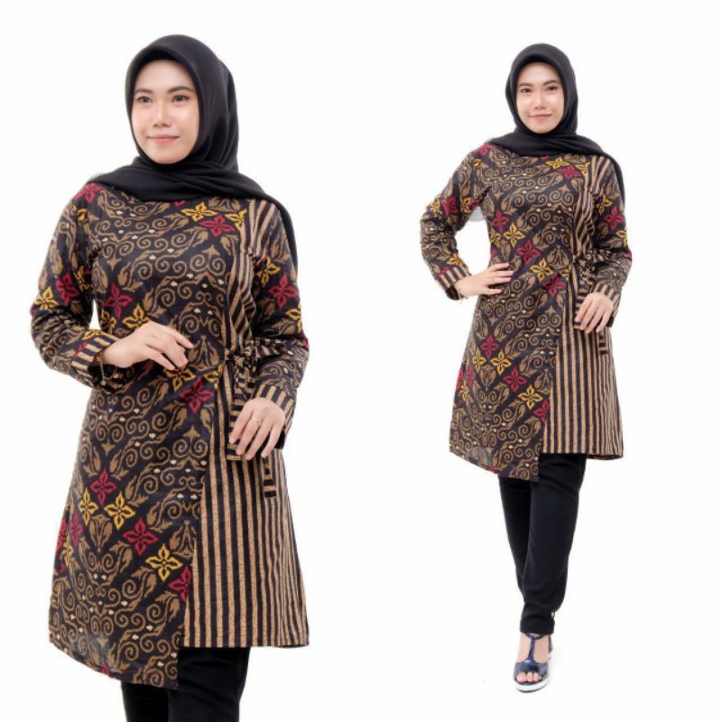 Tunik Batik Wanita Modern Terbaru JUMBO M L XL XXL Atasan Batik Wanita Seragam Murah-Bintang abang