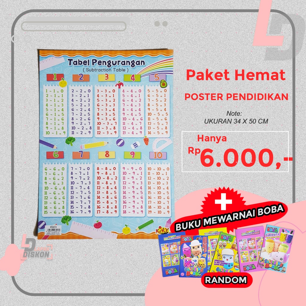 

PAKET HEMAT !!! Poster Pendidikan Tabel Pengurangan + Mewarnai Boba | Poster | Pengurangan