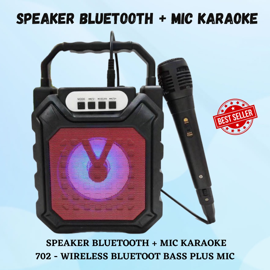 SPEAKER BLUETOOTH + MIC KARAOKE 702 / Speaker Hitam Bluetooth Portable FREE Microphone HF-S339 LED