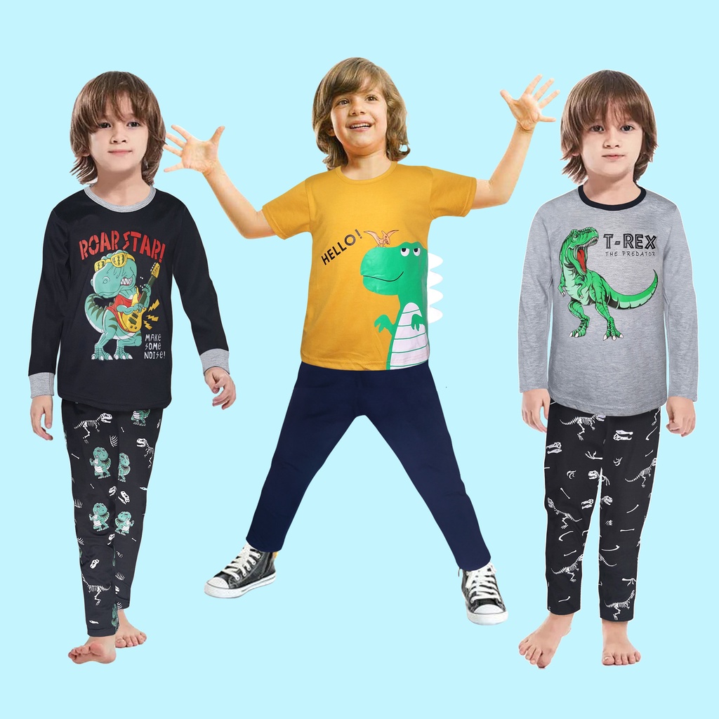 Setelan Baju Tidur Piyama Anak Cowok Lengan Panjang Dan Lengan Pendek Usia 1 - 12 Tahun Motif Dinosaurus